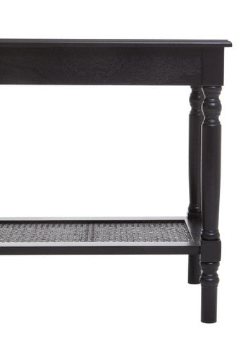 Heritage Black Wooden Side Table with Rattan Shelf