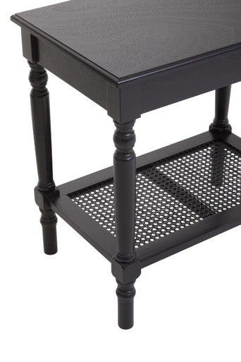 Heritage Black Wooden Side Table with Rattan Shelf