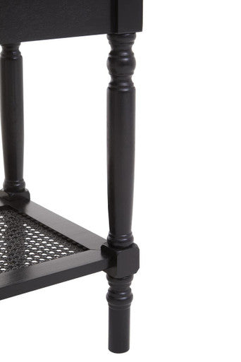 Heritage Black Wooden Side Table with Rattan Shelf