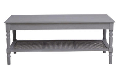 Heritage Grey Wash Wooden Coffee Table with Rattan Shelf
