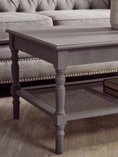 Heritage Grey Wash Wooden Coffee Table with Rattan Shelf