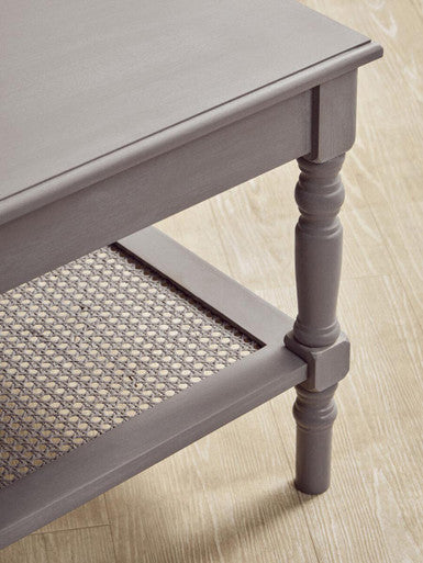 Heritage Grey Wash Wooden Coffee Table with Rattan Shelf