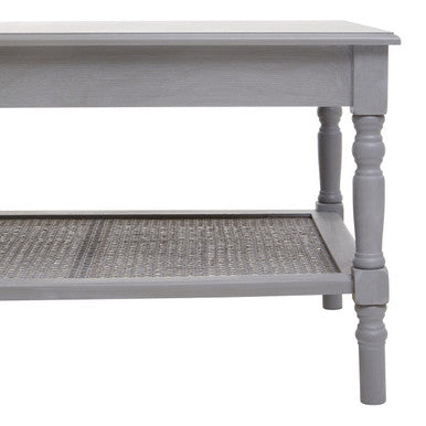 Heritage Grey Wash Wooden Coffee Table with Rattan Shelf