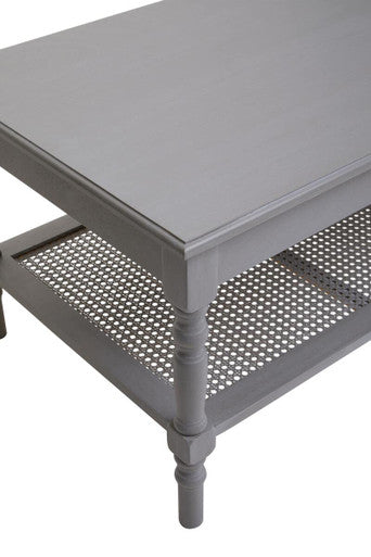 Heritage Grey Wash Wooden Coffee Table with Rattan Shelf