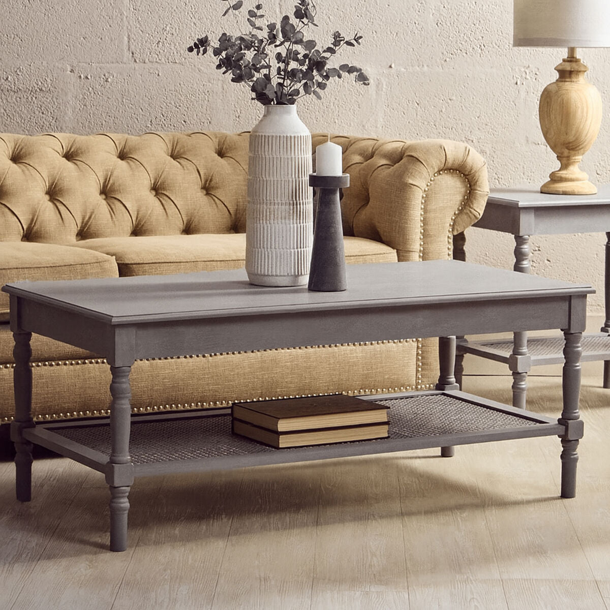 Slate Grey Wooden Coffee Table with Cane Webbed Lower Shelf and Carved Spindle Legs, Heritage