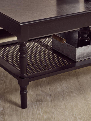 Black Wooden Coffee Table with Cane Webbed Lower Shelf and Carved Spindle Legs, Heritage