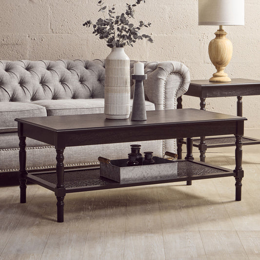 Black Wooden Coffee Table with Cane Webbed Lower Shelf and Carved Spindle Legs, Heritage