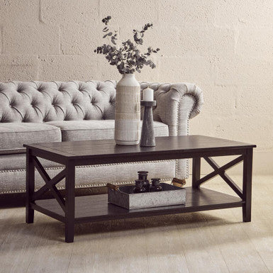 Black Wooden Coffee Table with Lower Shelf and X Frame Side Panels, Heritage