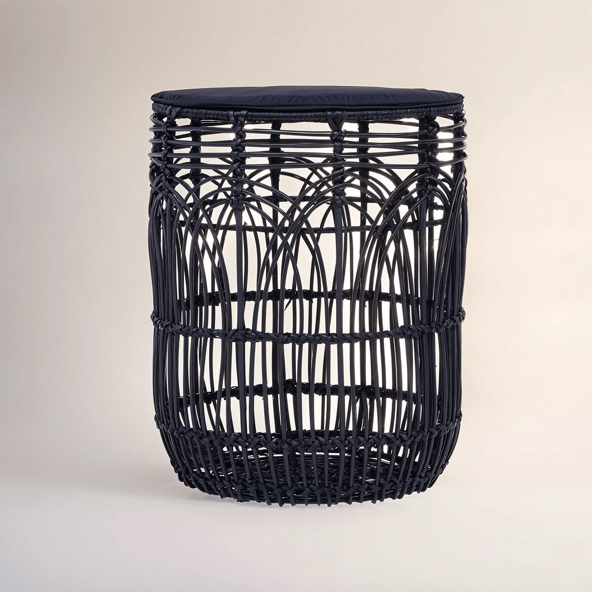 Black Round Rattan Stool or Side Table, Arles