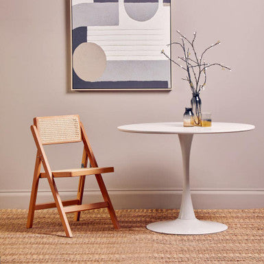 White Small Round Dining Table with Sleek Column Pedestal Base, Laila