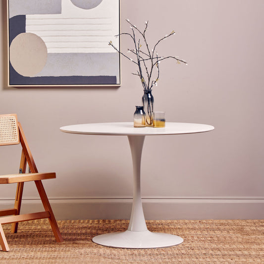 White Small Round Dining Table with Sleek Column Pedestal Base, Laila