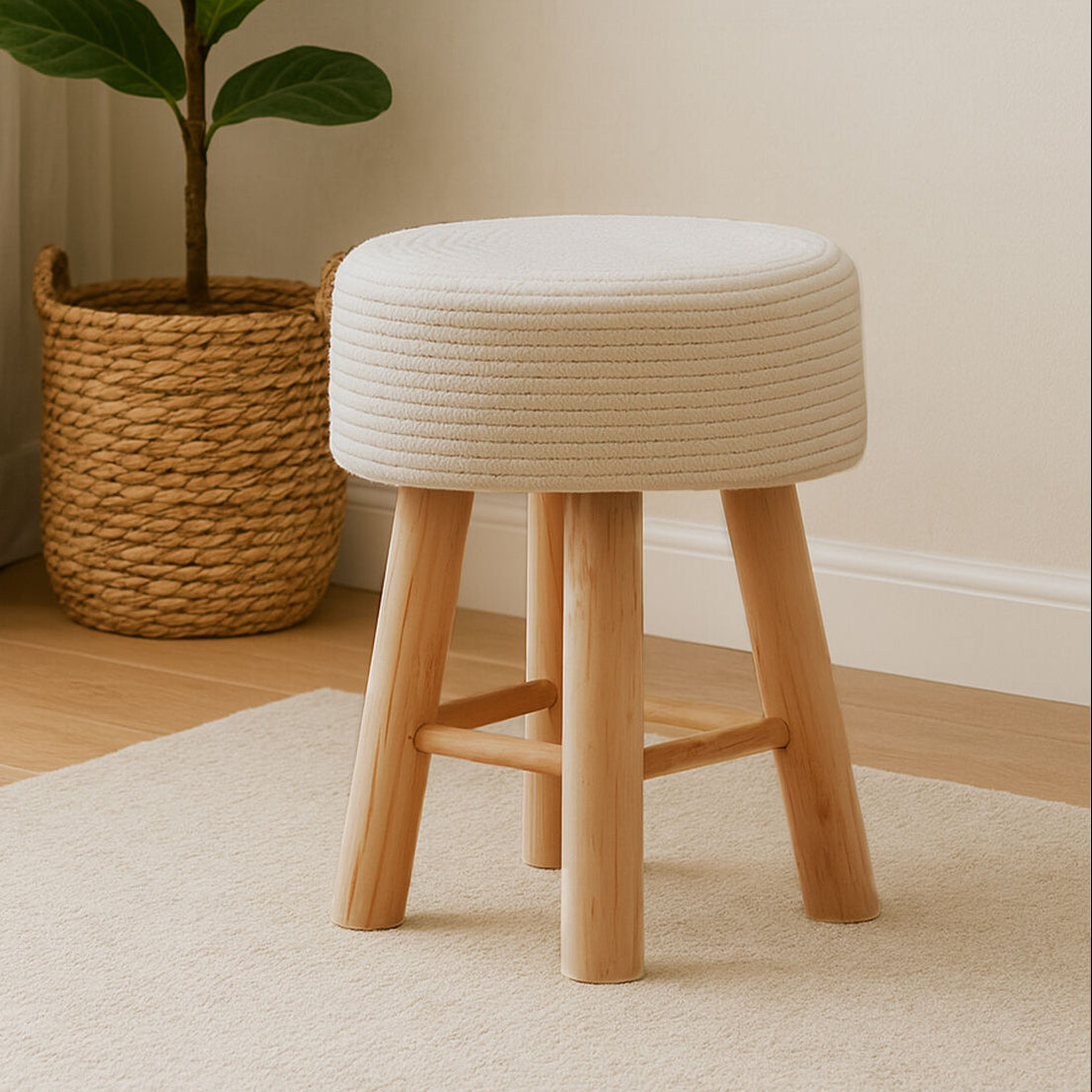 Lentigo White Cotton Rope Woven Round Stool