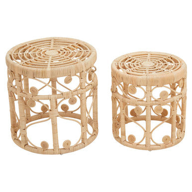 Natural Rattan Set of Two Nesting Tables with Tight Weave Top and Scrolled Base, Mataram