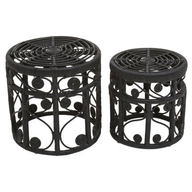 Black Natural Rattan Set of Two Nesting Tables with Tight Weave Top and Scrolled Base, Mataram