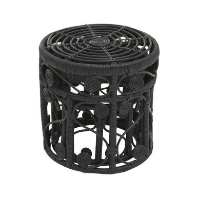 Black Natural Rattan Set of Two Nesting Tables with Tight Weave Top and Scrolled Base, Mataram
