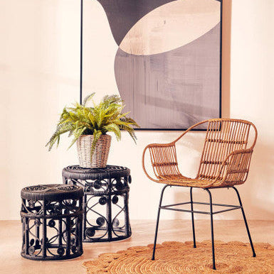 Black Natural Rattan Set of Two Nesting Tables with Tight Weave Top and Scrolled Base, Mataram
