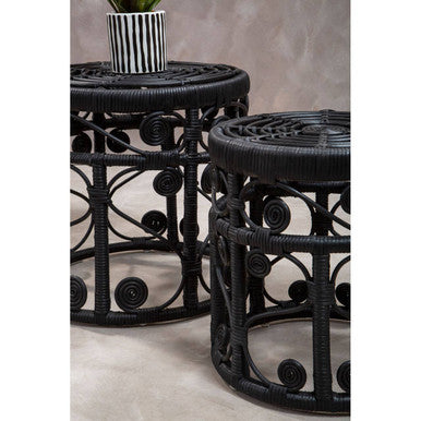 Black Natural Rattan Set of Two Nesting Tables with Tight Weave Top and Scrolled Base, Mataram
