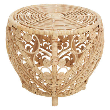 Large Natural Rattan Side Table with Tight Weave and Scrolled Detail, Mataram