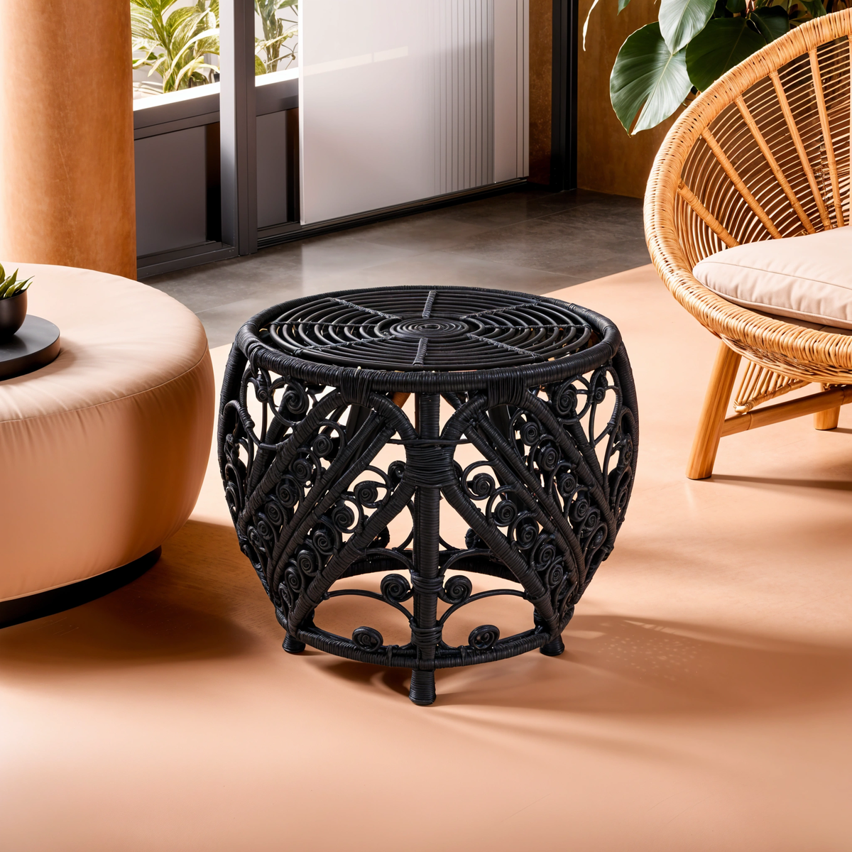 Black Natural Rattan Side Table with Tight Weave and Scrolled Detail, Mataram
