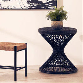 Black Rattan Side Table with Twisted Base and Tight Weave Top, Mataram