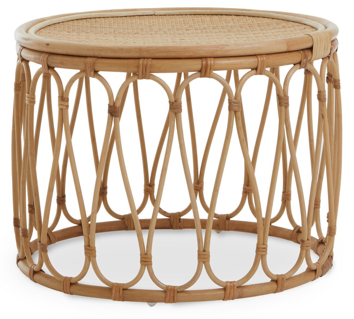 Natural Rattan Coffee Table with Open Weave Design and Webbing Round Top, Mataram