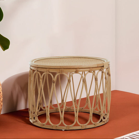 Natural Rattan Coffee Table with Open Weave Design and Webbing Round Top, Mataram
