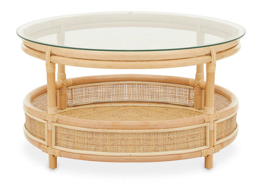Clear Glass Top Natural Rattan Round Coffee Table with Lower Storage Shelf, Mataram