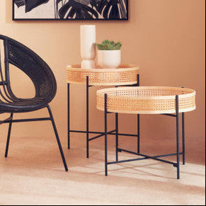Natural Rattan Coffee Table with Black Cross Metal Base, Depok