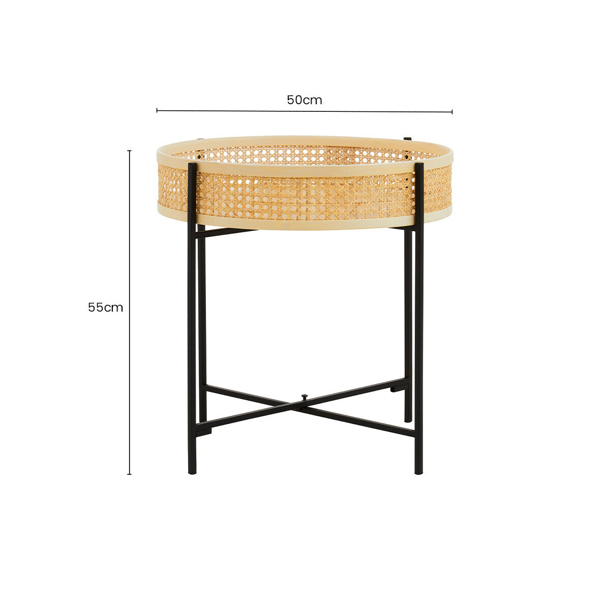 Depok Natural Rattan Tray Side Table with Black Finish Metal Base