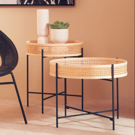Natural Rattan Round Top Side Table with Black Metal Cross Base Legs, Depok