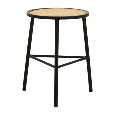 Depok Natural Rattan and Black Finish Metal Round Stool