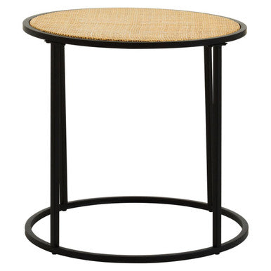 Depok Natural Rattan and Black Finish Metal Round Side Table