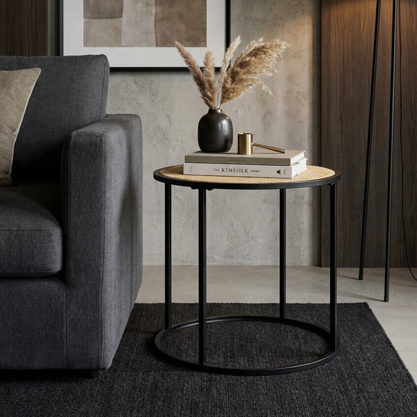Depok Natural Rattan and Black Finish Metal Round Side Table