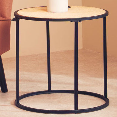 Natural Rattan Round Top Side Table with Black Metal Base, Depok