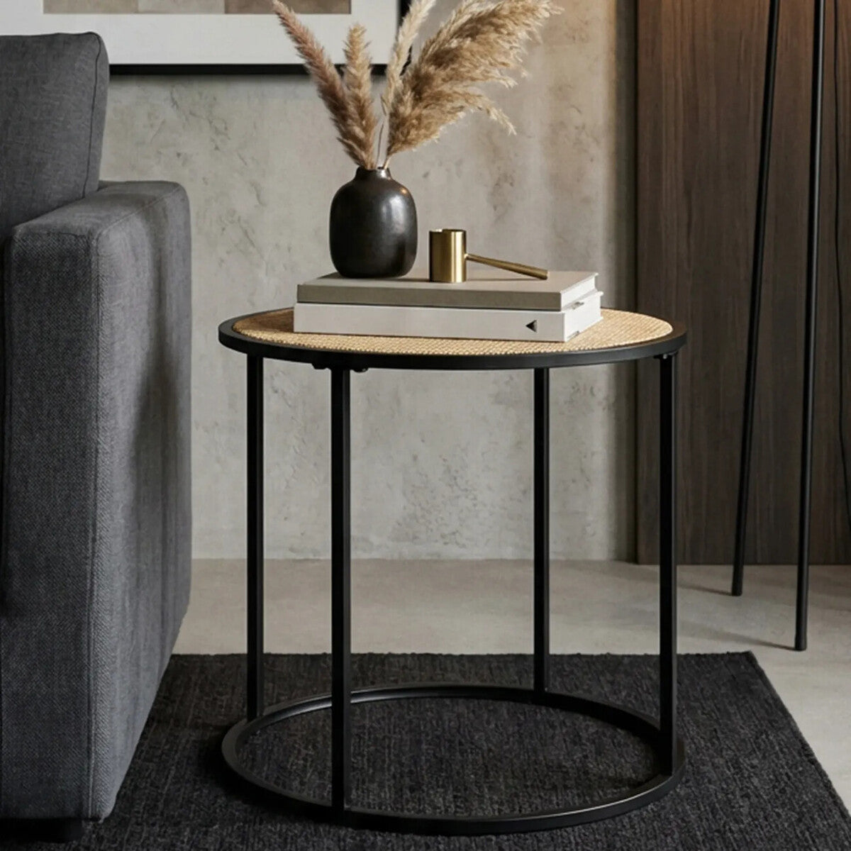 Depok Natural Rattan and Black Finish Metal Round Side Table