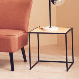 Depok Natural Rattan and Black Finish Metal Square Side Table