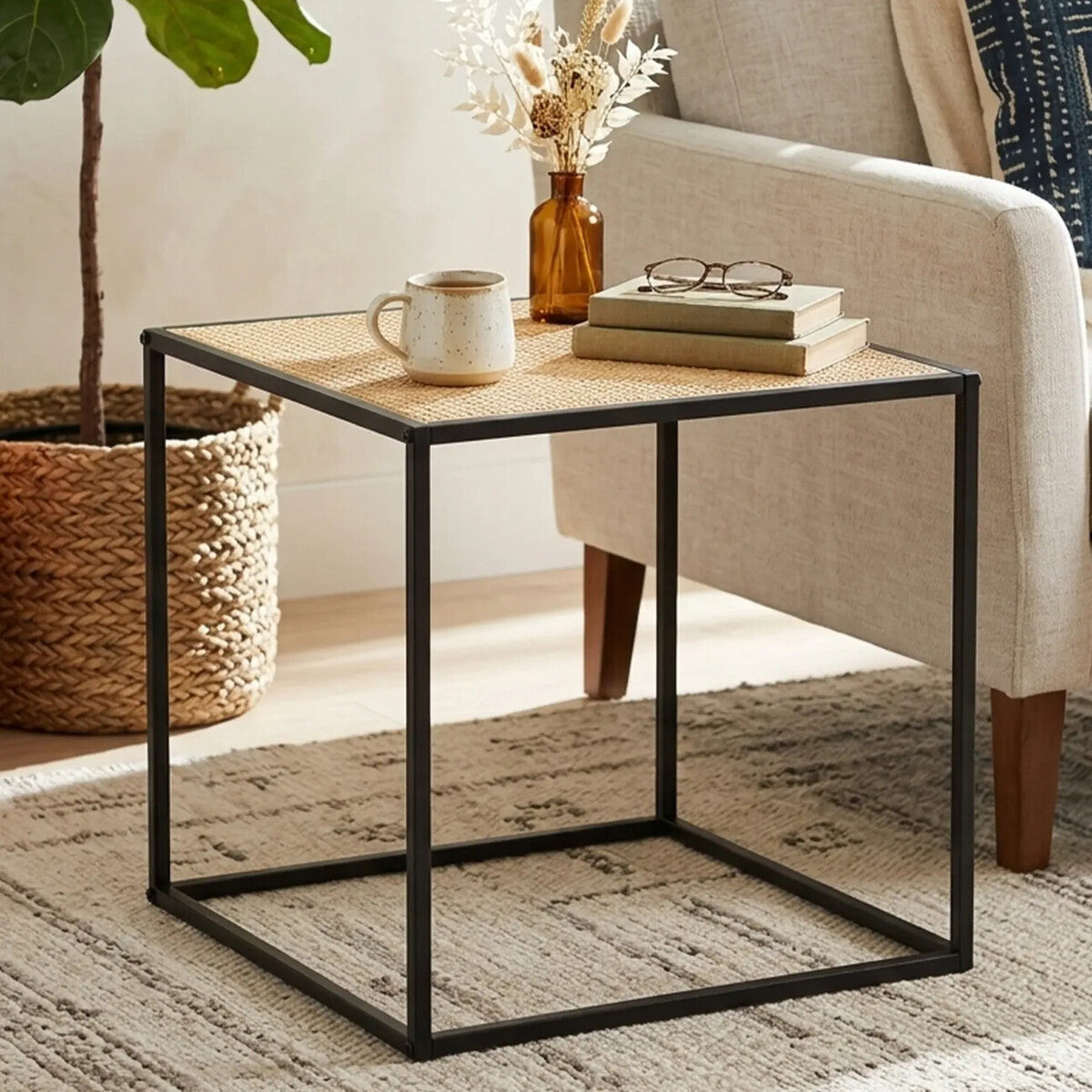 Depok Natural Rattan and Black Finish Metal Square Side Table