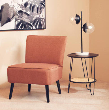 Natural Rattan Top Side Table with Lower Shelf and Black Metal Hairpin Legs, Depok