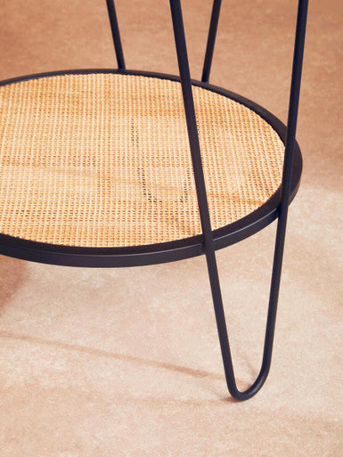 Natural Rattan Top Side Table with Lower Shelf and Black Metal Hairpin Legs, Depok