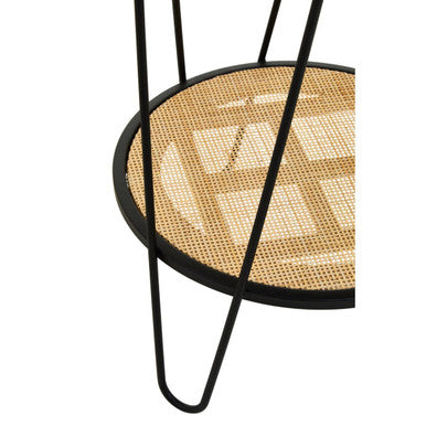 Natural Rattan Top Side Table with Lower Shelf and Black Metal Hairpin Legs, Depok
