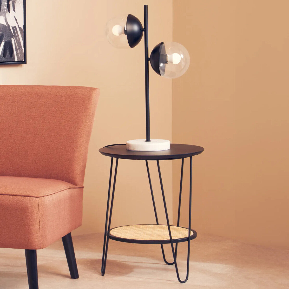 Depok Natural Rattan and Black Finish Metal 2 Tier Side Table