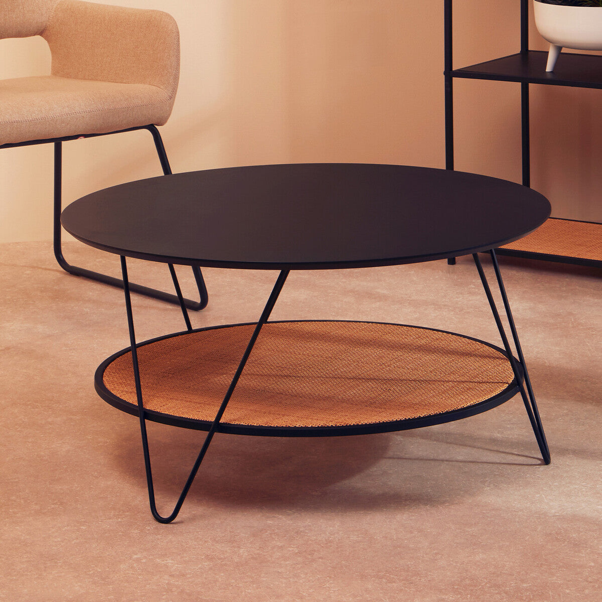 Black Wood Top Coffee Table with Metal Hairpin Legs, Depok