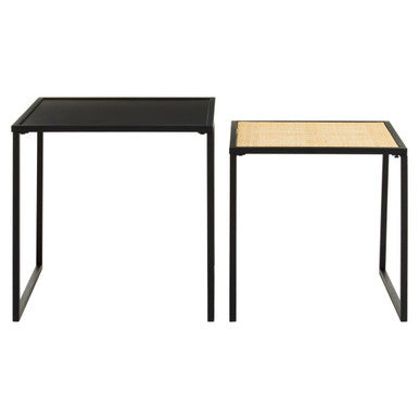 Depok Natural Rattan and Black Finish Metal Set of 2 Nesting Tables