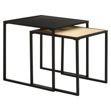 Depok Natural Rattan and Black Finish Metal Set of 2 Nesting Tables
