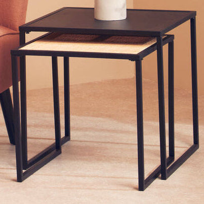 Black Metal and Rattan Top Nest of 2 Tables with Square Frames, Depok