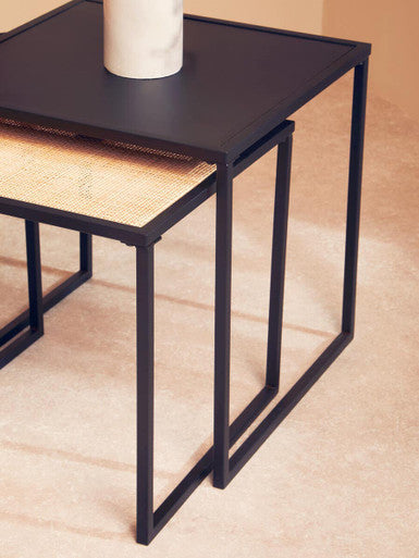Depok Natural Rattan and Black Finish Metal Set of 2 Nesting Tables
