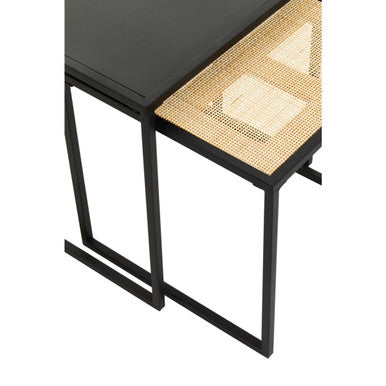 Depok Natural Rattan and Black Finish Metal Set of 2 Nesting Tables