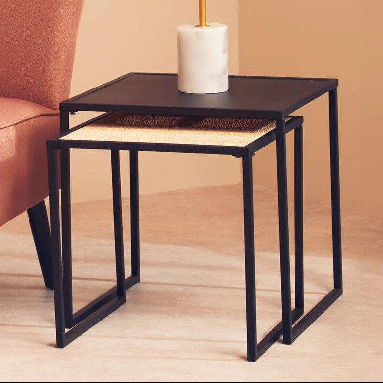 Depok Natural Rattan and Black Finish Metal Set of 2 Nesting Tables