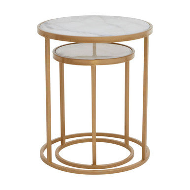 Set of 2 White Marble Top and Gold Metal Frame Nesting Tables | Colva
