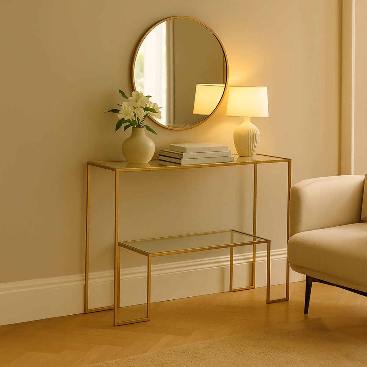 Clear Glass Top and Gold Finish Frame Console Table, Avento